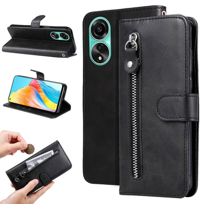 Black leather wallet phone case with vertical zipper and foldover stand flap.