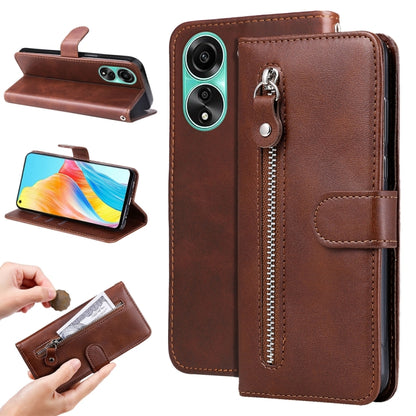 Brown leather phone case with zipper compartment, side strap, and foldable stand.