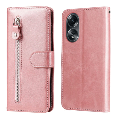 Rose pink leather phone case with flip cover, side zipper pocket, and strap holder