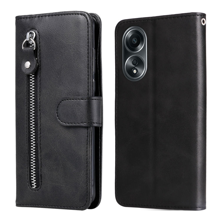 Black leather phone case with flip cover, side zipper pocket, and snap strap closure
