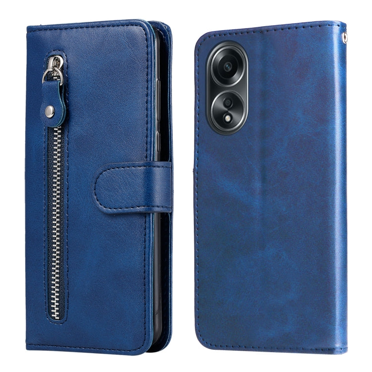Blue leather phone case with flip cover, side zipper pocket, and strap holder