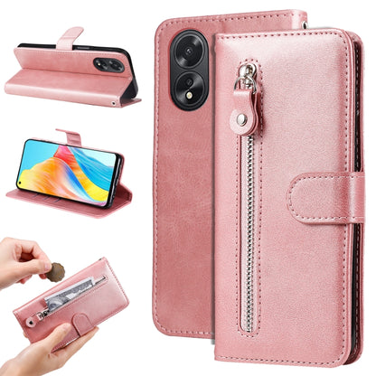 Pink leather wallet phone case with zipper pocket and fold-over card holder