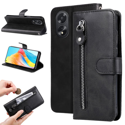 Black leather phone wallet case with zipper pocket and fold-over card holder