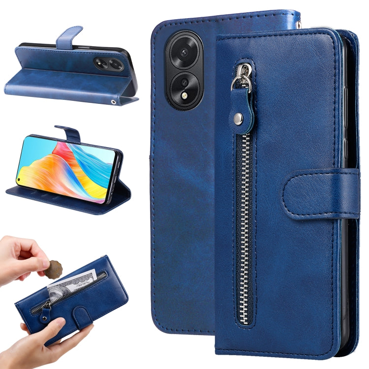 Blue leather phone wallet case with zipper pocket and fold-over card holder strap