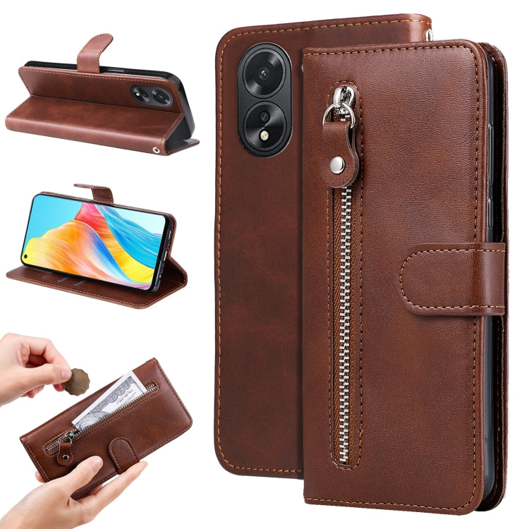 Brown leather phone case with flip cover, zipper pocket, and ring pull strap holder