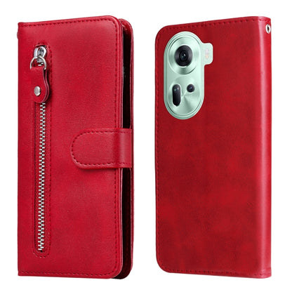 Red leather folio phone case with zipper and card pocket, front and back view