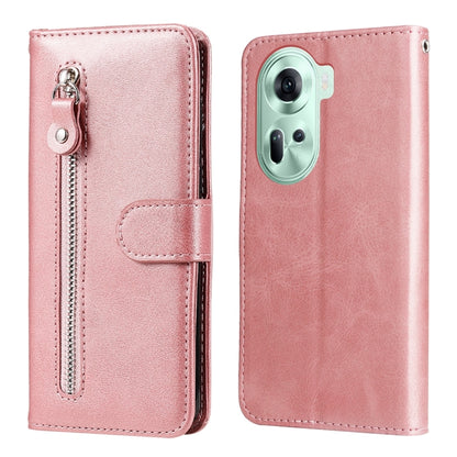 Rose pink leather folio phone case with zipper and card pocket, front and back view