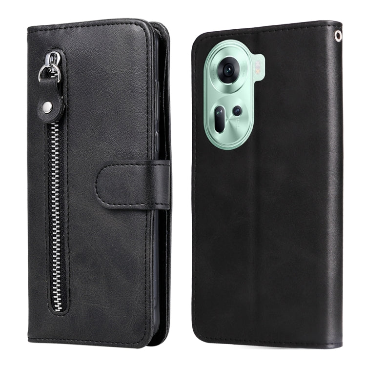 Black leather folio phone case with zipper and card pocket, front and back view