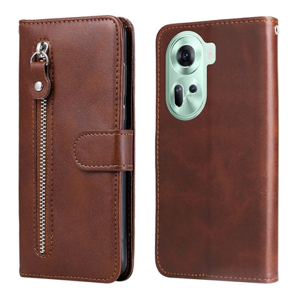Brown leather phone wallet case with front zipper and side card holder strap