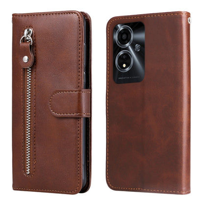 Brown leather wallet phone case with zipper pocket and front flap strap