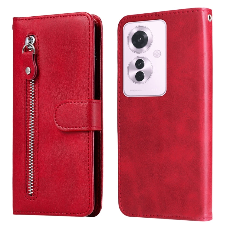 Red leather phone case with zipper and fold-over card pocket, front and back view