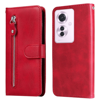 Red leather phone case with zipper and fold-over card pocket, front and back view
