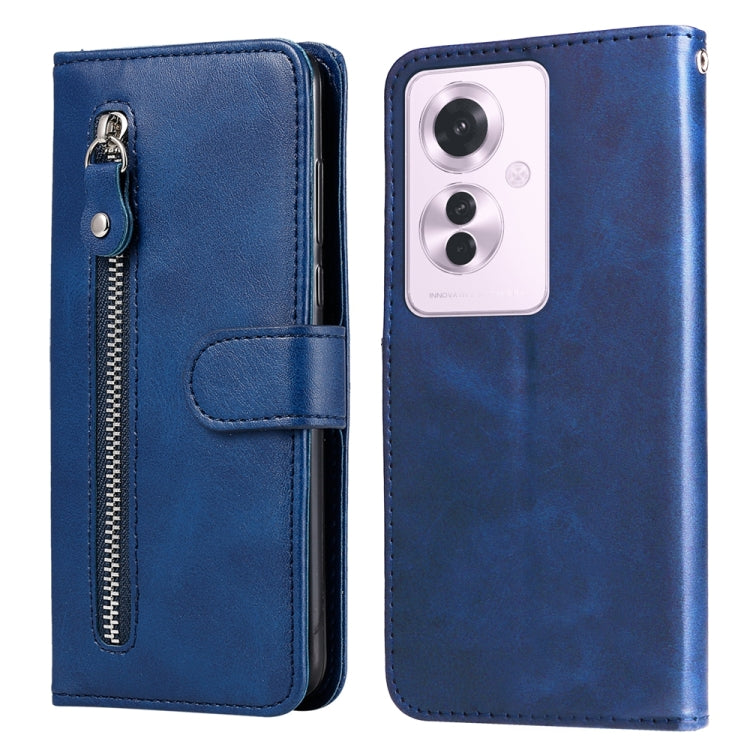Blue leather phone case with zipper and card pocket, folio front and back view