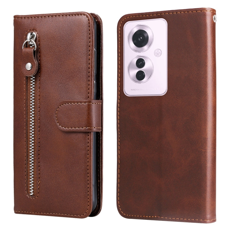 Brown leather folio phone case with zipper and card pocket, front and back view