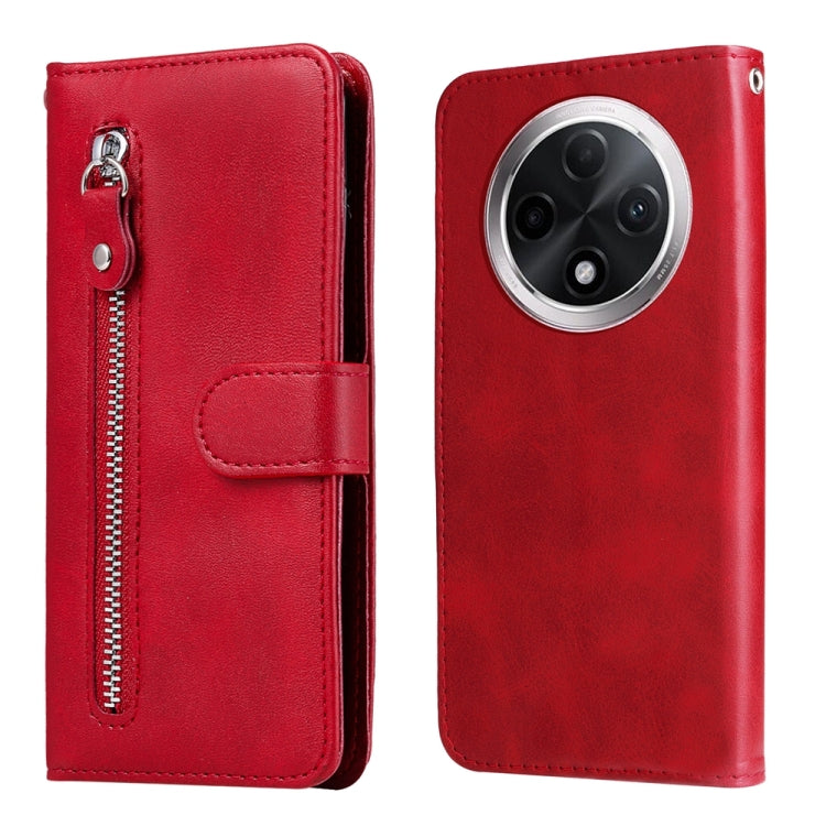 Leather phone case with zipper and foldover strap, red, camera cutout.