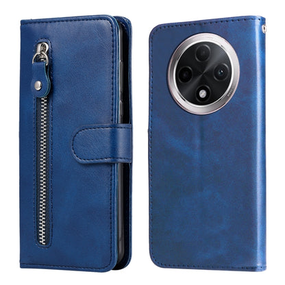 Leather phone case with zipper and foldover strap, blue, camera cutout.
