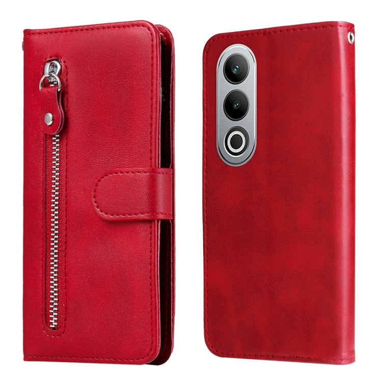 Leather phone case with zipper and foldover strap, red, camera cutout.