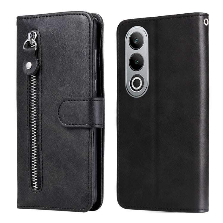 Leather phone case with zipper and foldover strap, black, camera cutout.
