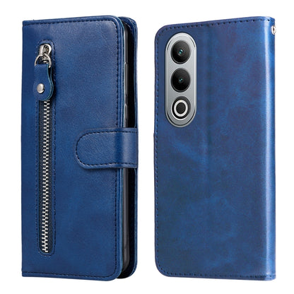 Leather phone case with zipper and foldover strap, blue, camera cutout.