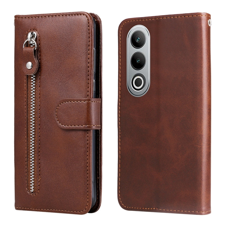 Leather phone case with zipper and foldover strap, brown, camera cutout.