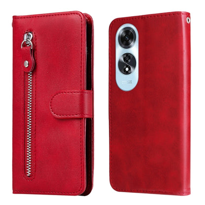 Red leather folio phone case with zipper closure and card pocket, textured look