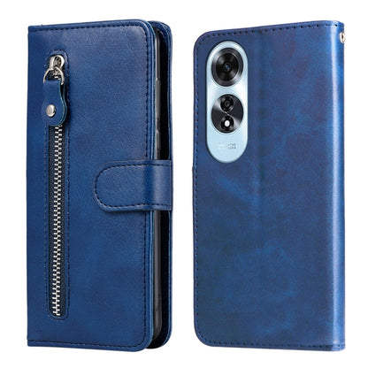 Blue leather folio phone case with zipper closure and card pocket, textured look