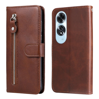 Leather phone case with zipper and foldover strap, brown, camera cutout.