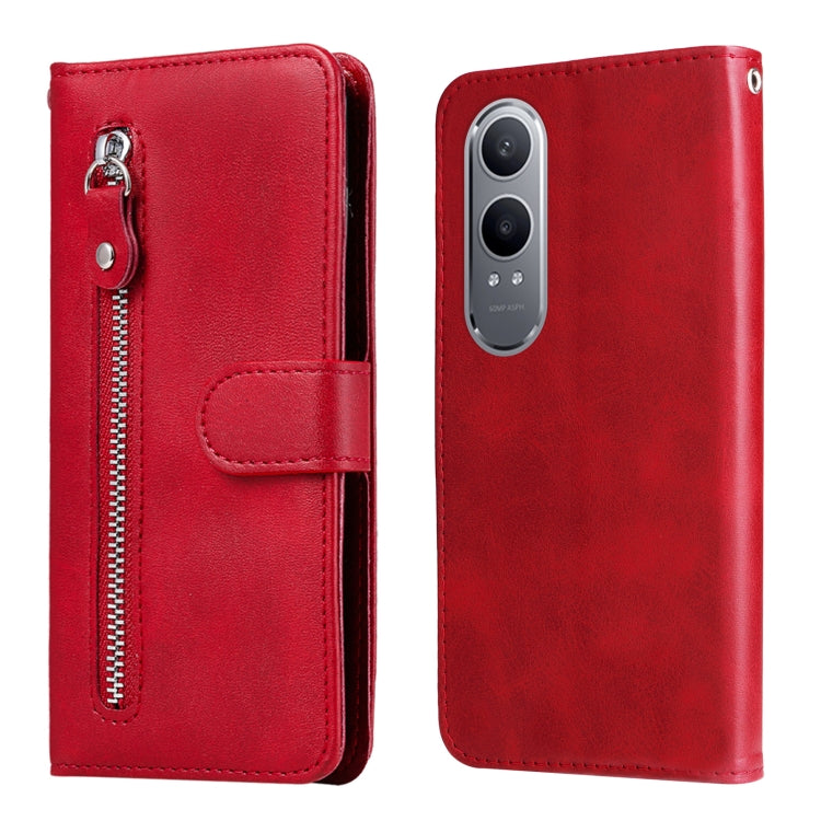 Red leather flip phone case with vertical zipper, textured finish, card pocket