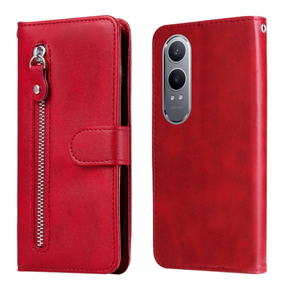Red leather flip phone case with vertical zipper, textured finish, card pocket