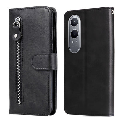 Black leather flip phone case with vertical zipper, textured finish, card pocket