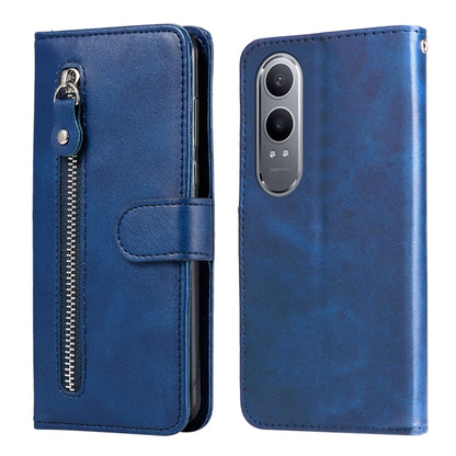 Blue leather flip phone case with vertical zipper, textured finish, card pocket