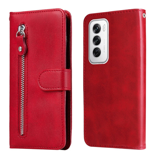 Red leather phone wallet case with zipper, card pocket, and front flap closure