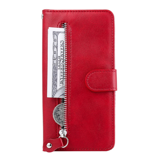 Red leather phone wallet case with zipper pull and card slot pocket