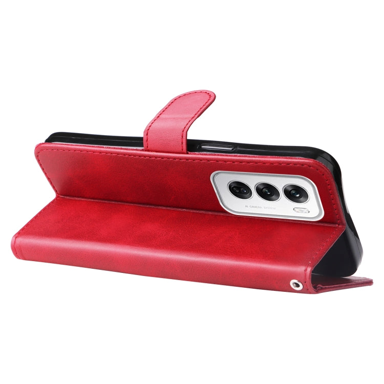 Red leather flip phone wallet case with zipper front pocket and side strap