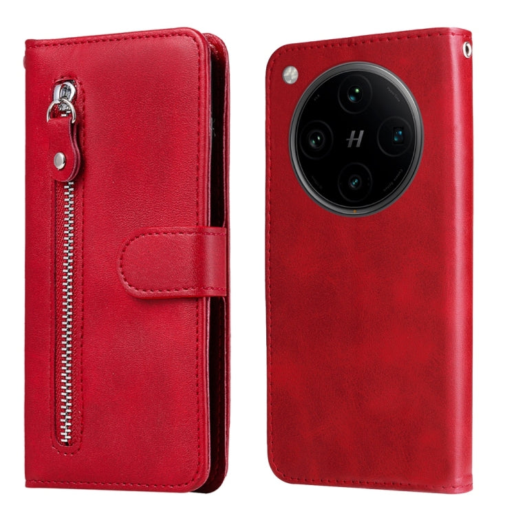 Red leather phone case front and back view with zipper detail and camera cutout.