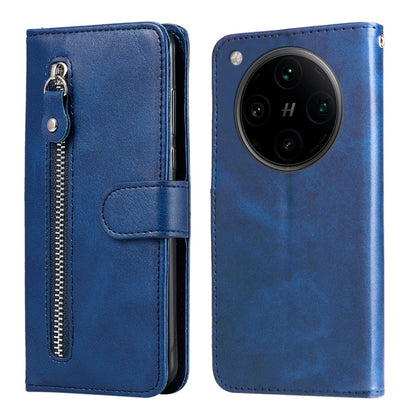 Blue leather phone case front and back view with zipper track and camera opening.