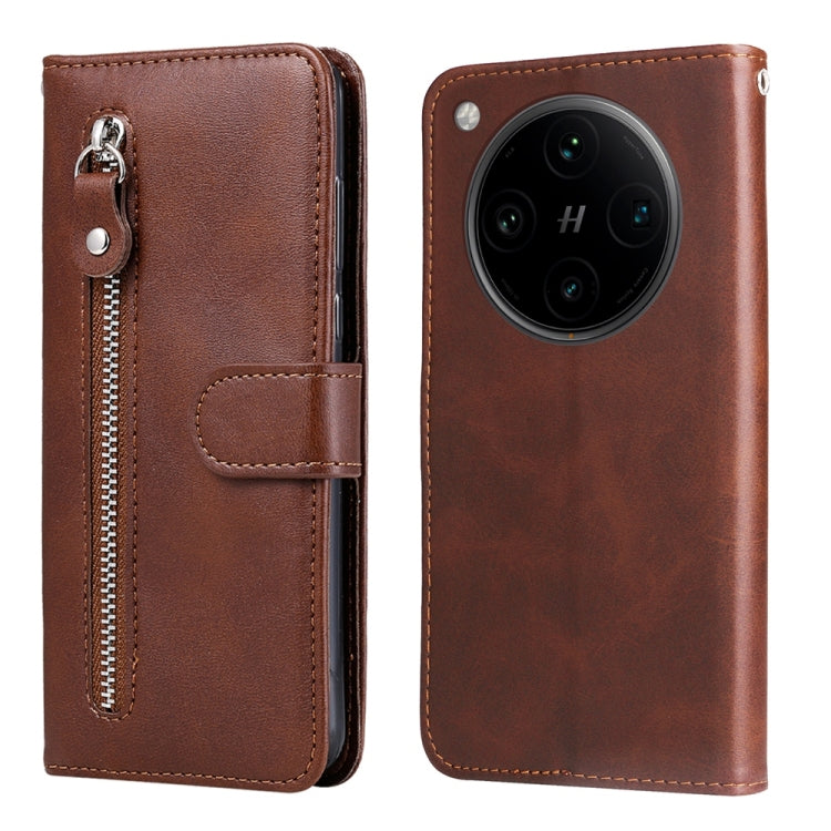Brown leather flip phone case with side zipper and camera cutout window