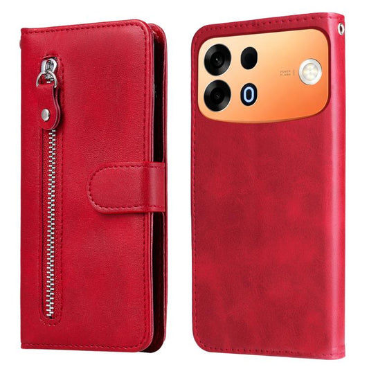 Red leather-style zipper wallet phone case with magnetic flap and card holder strap.