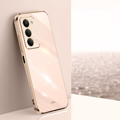 Light pink electroplate TPU phone case with straight-edge bumper and camera cutouts