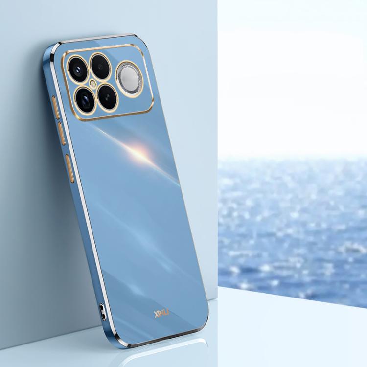 Blue TPU phone case with silver-toned electroplated edge and camera cutouts