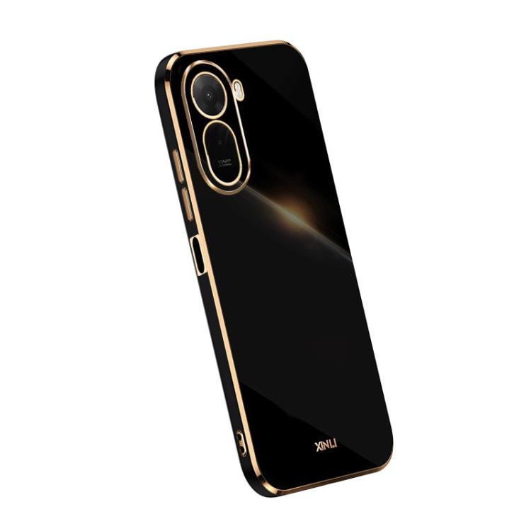 Black TPU phone case with gold electroplate trim, straight edges, and dual camera cutouts