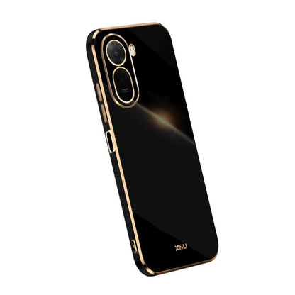Black TPU phone case with gold electroplate trim, straight edges, and dual camera cutouts