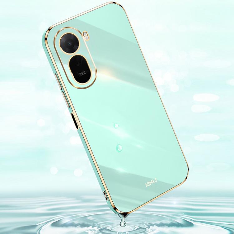Mint green TPU phone case with gold electroplated straight-edge trim and dual camera cutouts