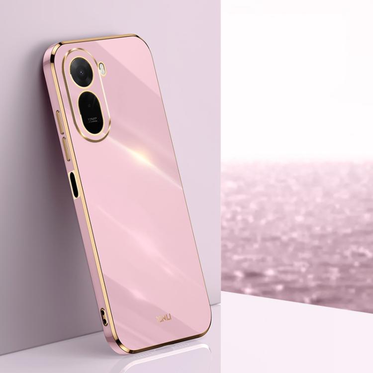 Pink TPU phone case with gold electroplated straight-edge trim and dual camera cutouts
