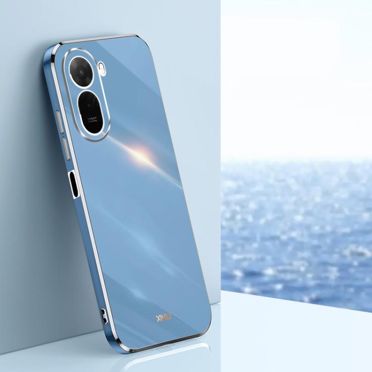 Hawthorn blue TPU phone case with silver-blue electroplated straight-edge trim and dual camera cutouts