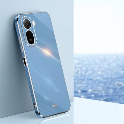 Hawthorn blue TPU phone case with silver-blue electroplated straight-edge trim and dual camera cutouts