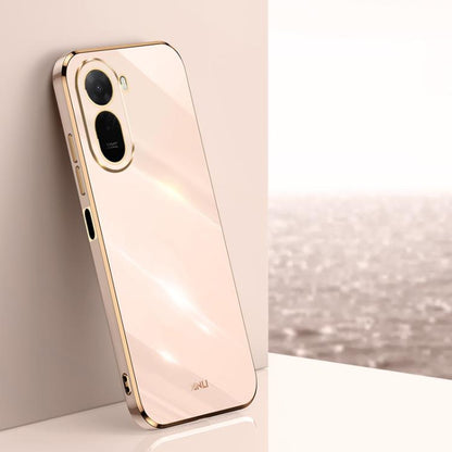 Cream TPU phone case with gold electroplated straight-edge trim and dual camera cutouts