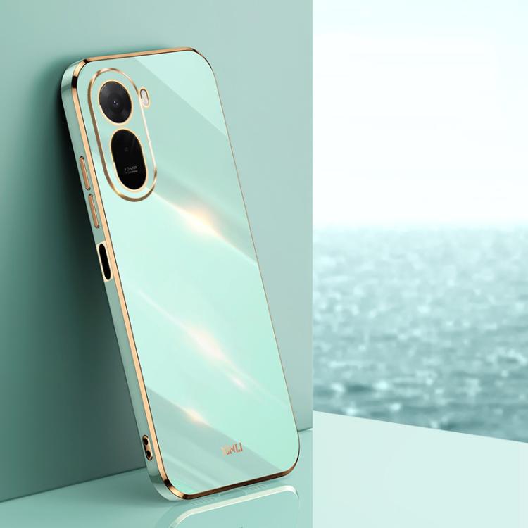 Mint green electroplate TPU phone case with gold-tone frame and dual camera cutouts