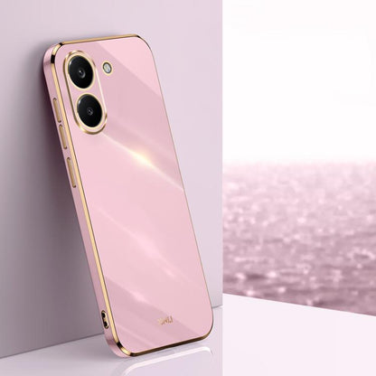 Electroplate TPU phone case in rose pink with gold-trim edges and dual camera cutouts.