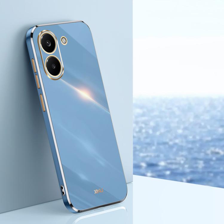 Electroplate TPU phone case in blue with gold-trim edges and dual camera cutouts.